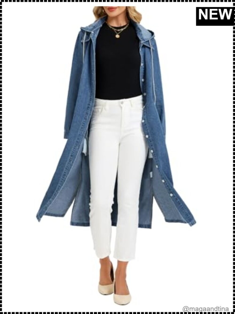 LifeShe Oversized Hooded Denim Jacket Midi Trench Coat